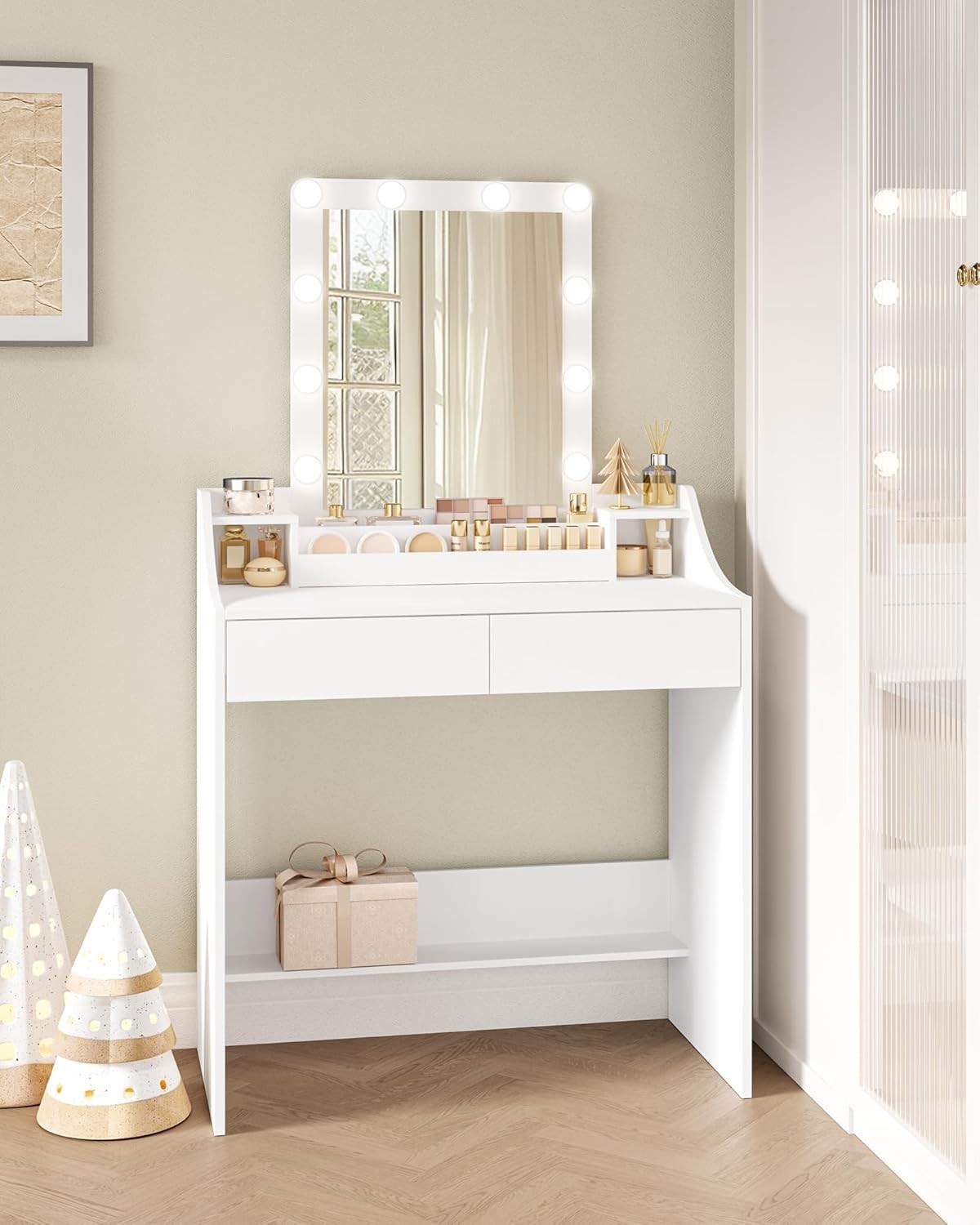 Black Dressing Table w/LED Mirror & Charging Station 4 Drawers Vanity Makeup