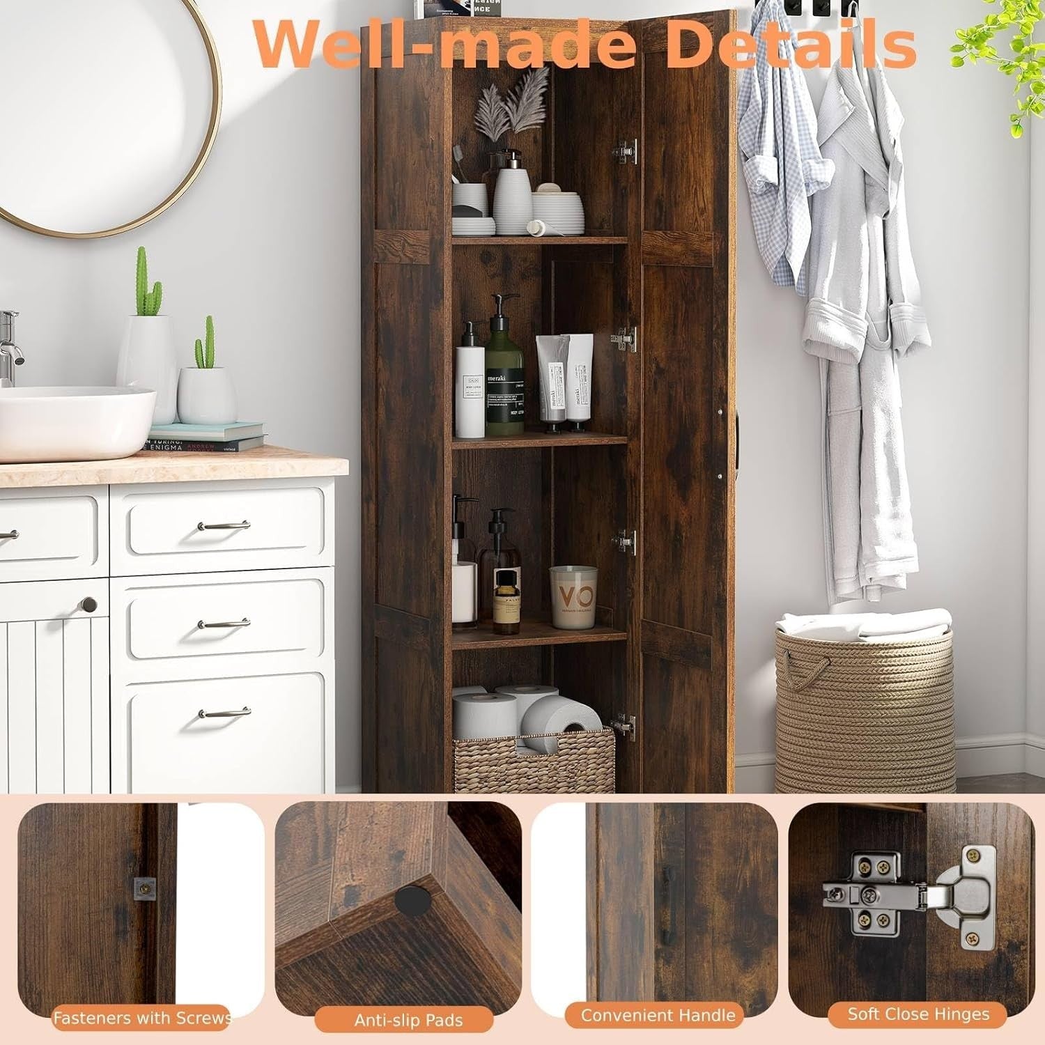 Rustic Brown Tall Kitchen Cupboard 4-Tier 4 Doors 150H