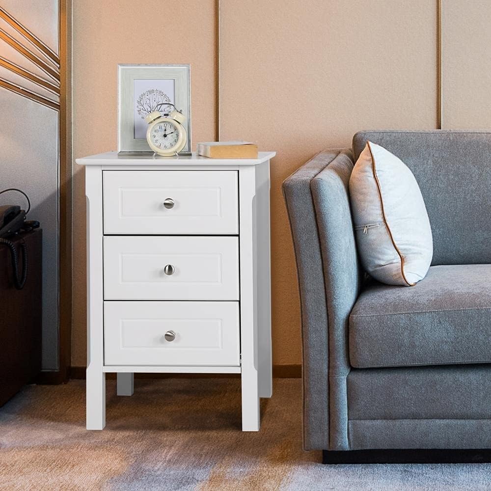 White Wooden Bedside Tables Set of 2 – 3 Drawer Nightstands