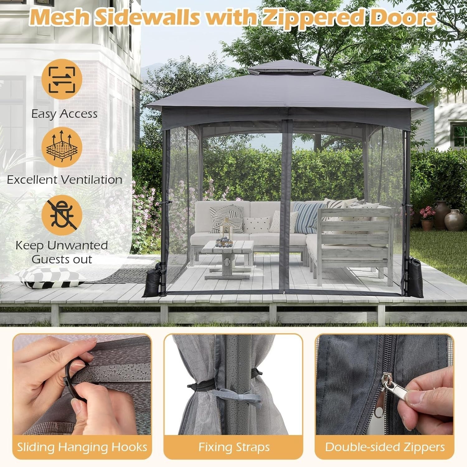 3x3M Garden Gazebo Double Roof Patio Tent With Netting & Sandbags Grey