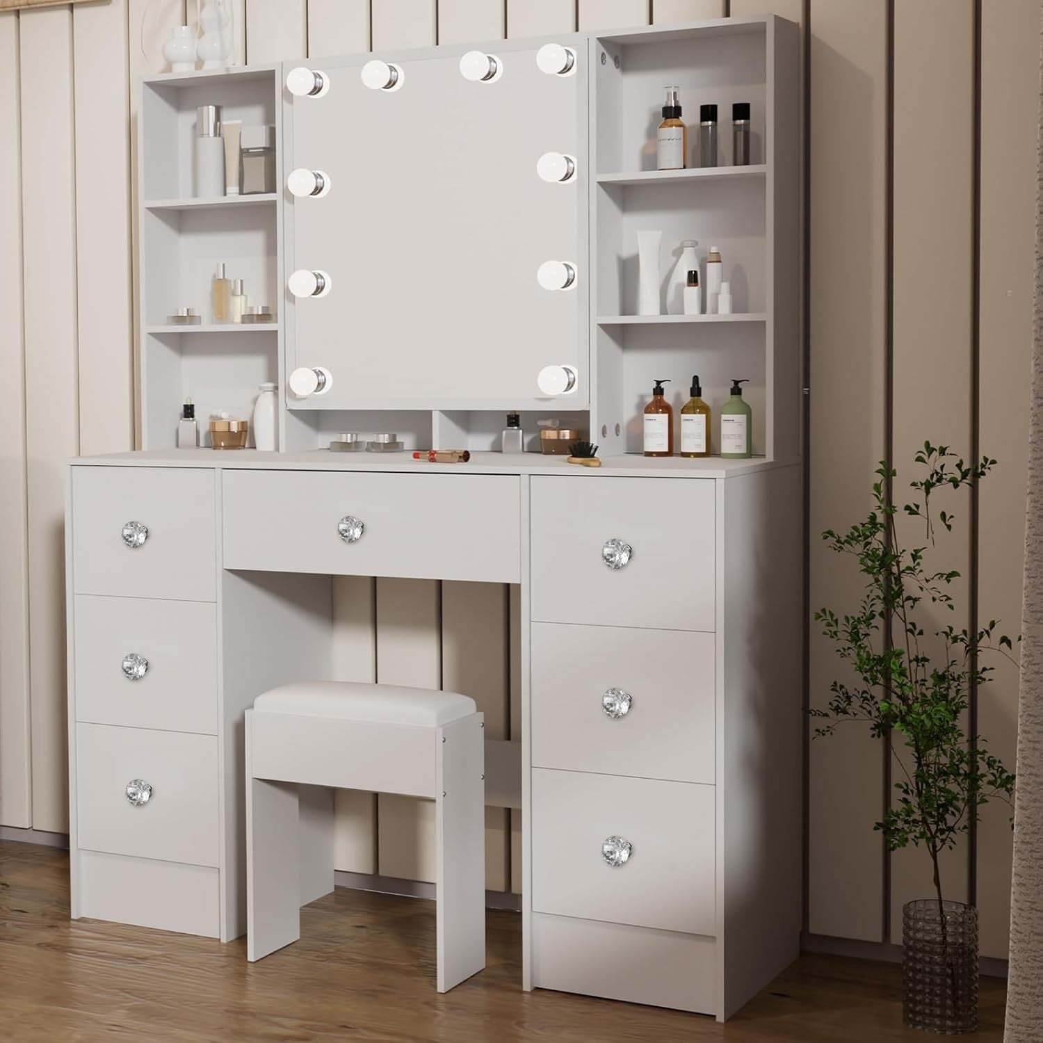 Vanity Makeup Desk 7 Drawers LED Lights Modern White Dressing Table Wood Large