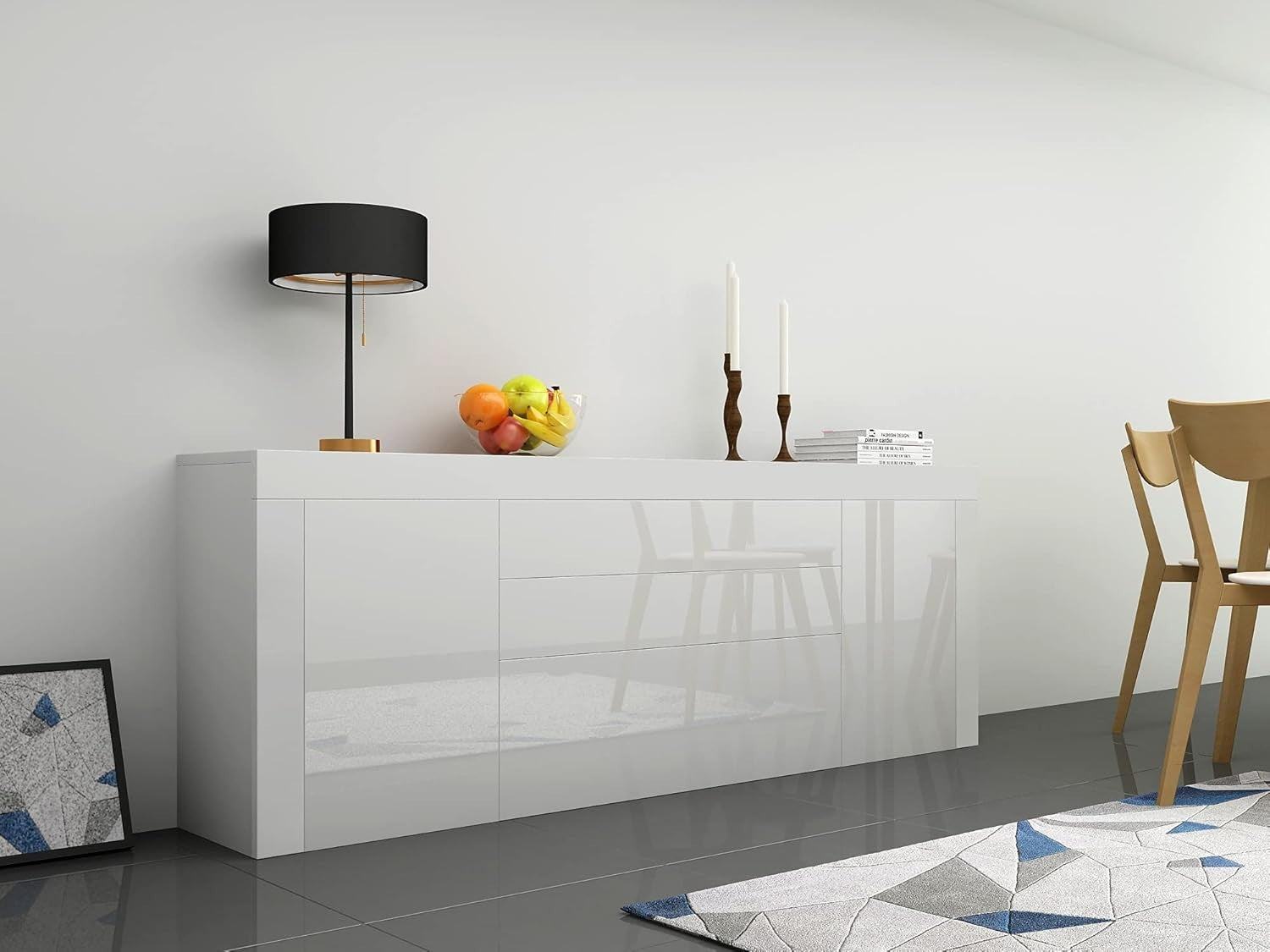 Modern White Sideboard 200cm Gloss Cabinet Unit Storage Drawers Doors