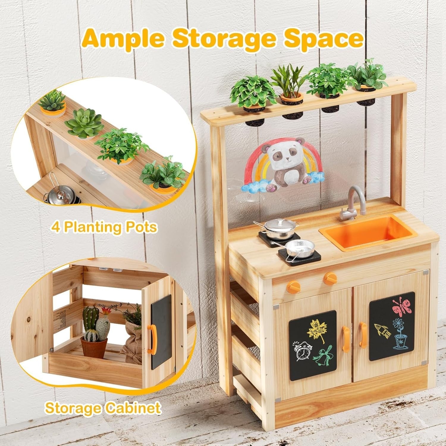 Outdoor Wooden Mud Kitchen Kids Playset Chalkboards Plant Pots Sink