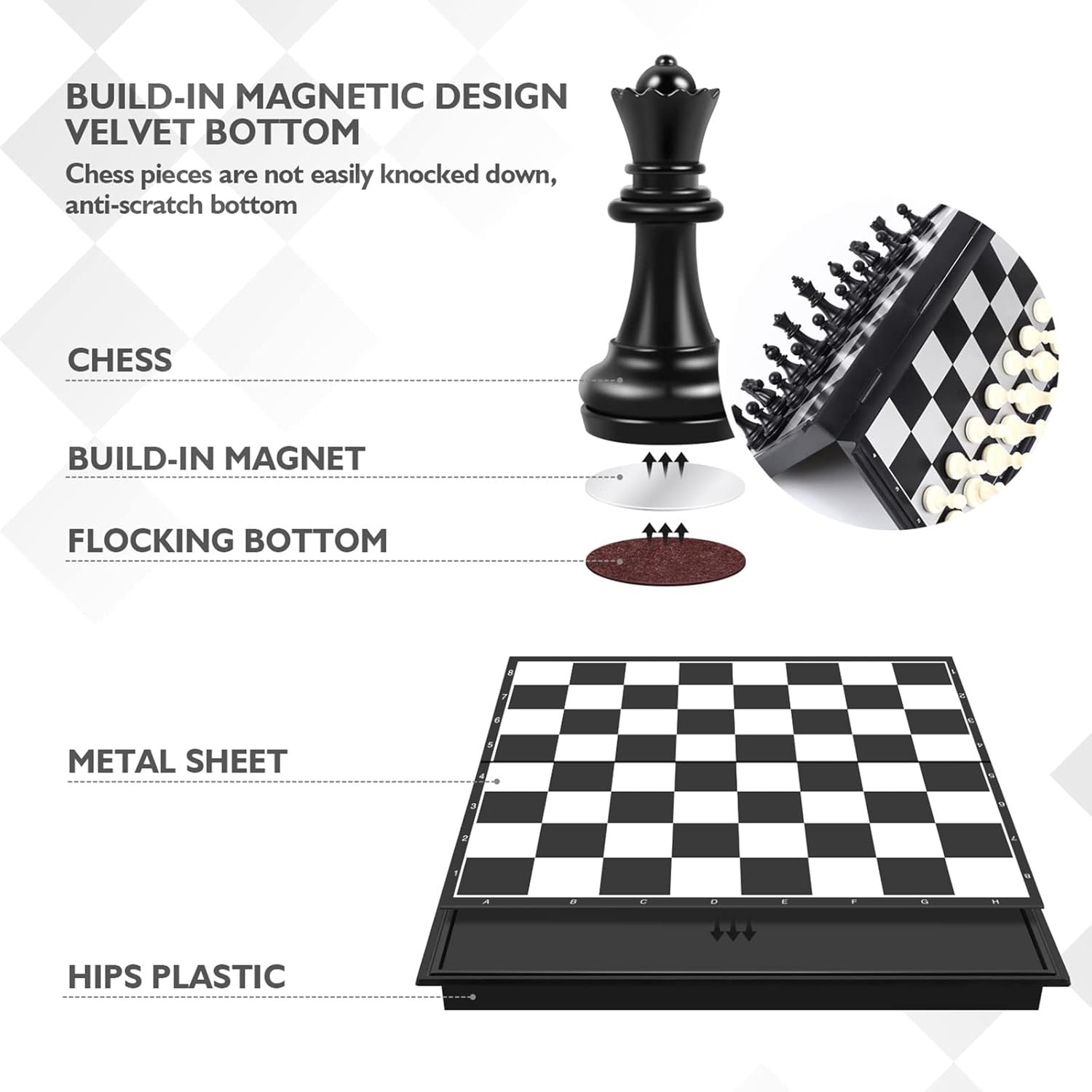 Portable Magnetic Travel Chess Set Foldable Board Black White Pieces Kids Adults