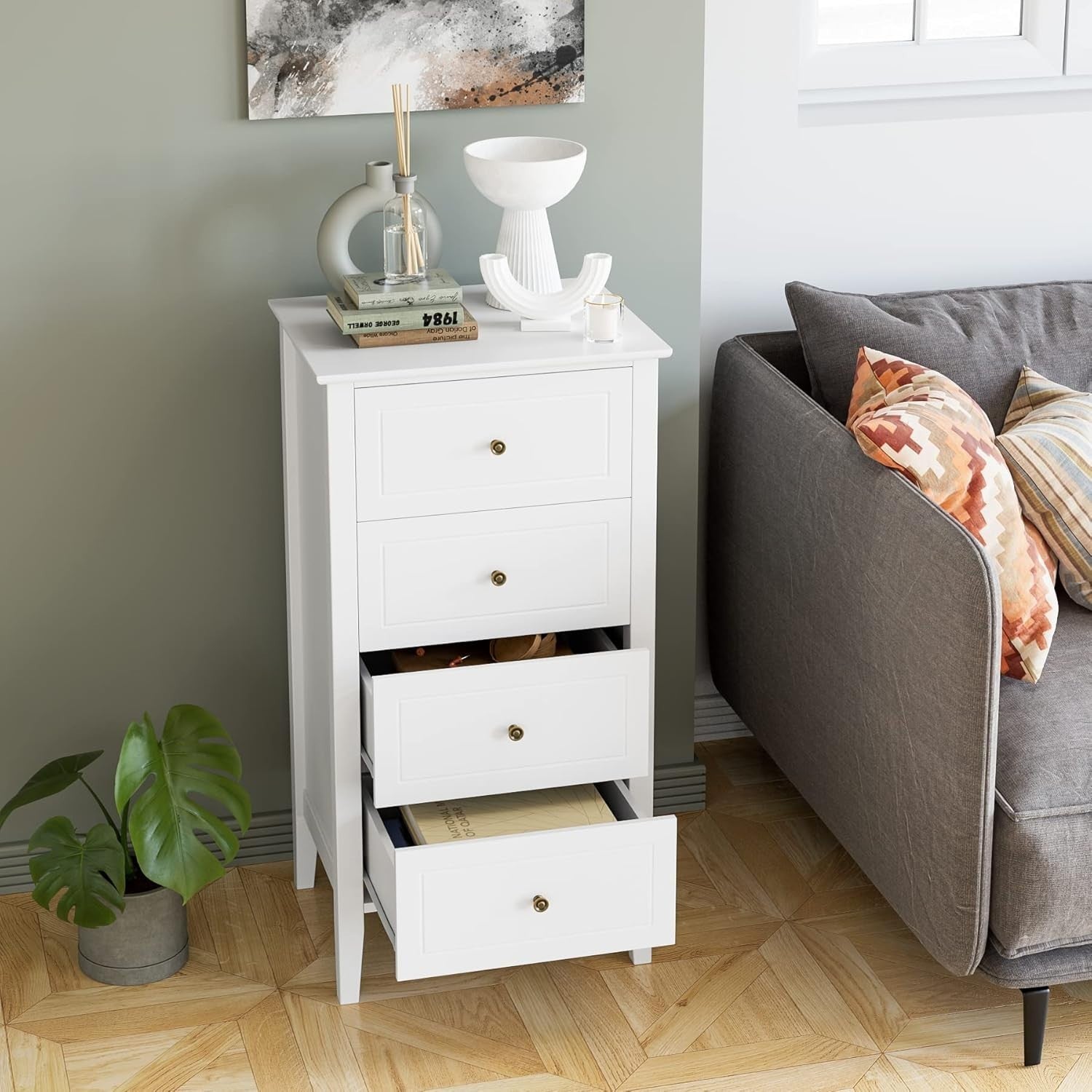 White Chest of Drawers 4 Drawer Tall Narrow Storage Unit Bedroom Modern