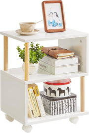 White S-Shaped Side Table with Wheels, 3-Tier Storage & Locking Casters