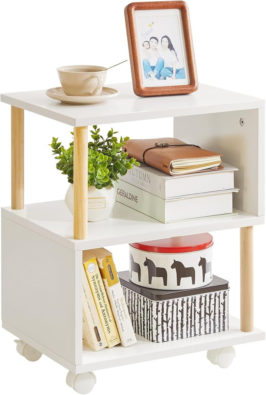 White S-Shaped Side Table with Wheels, 3-Tier Storage & Locking Casters