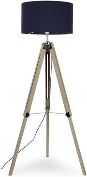 Modern Tripod Floor Lamp with Navy Drum Shade, Wood & Chrome, 154cm