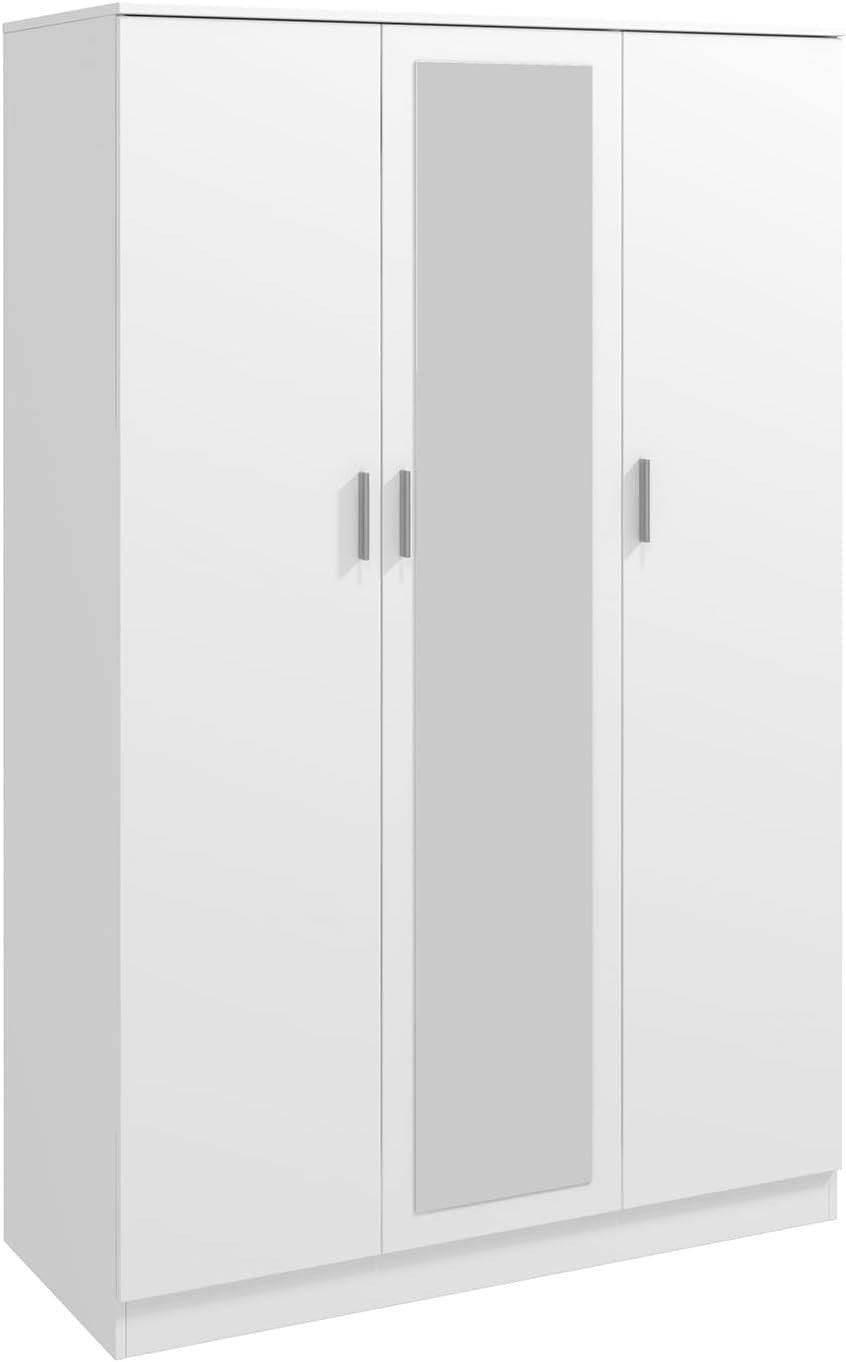 3-Door White Mirrored Wardrobe with Hanging Rail & 6 Storage Compartments