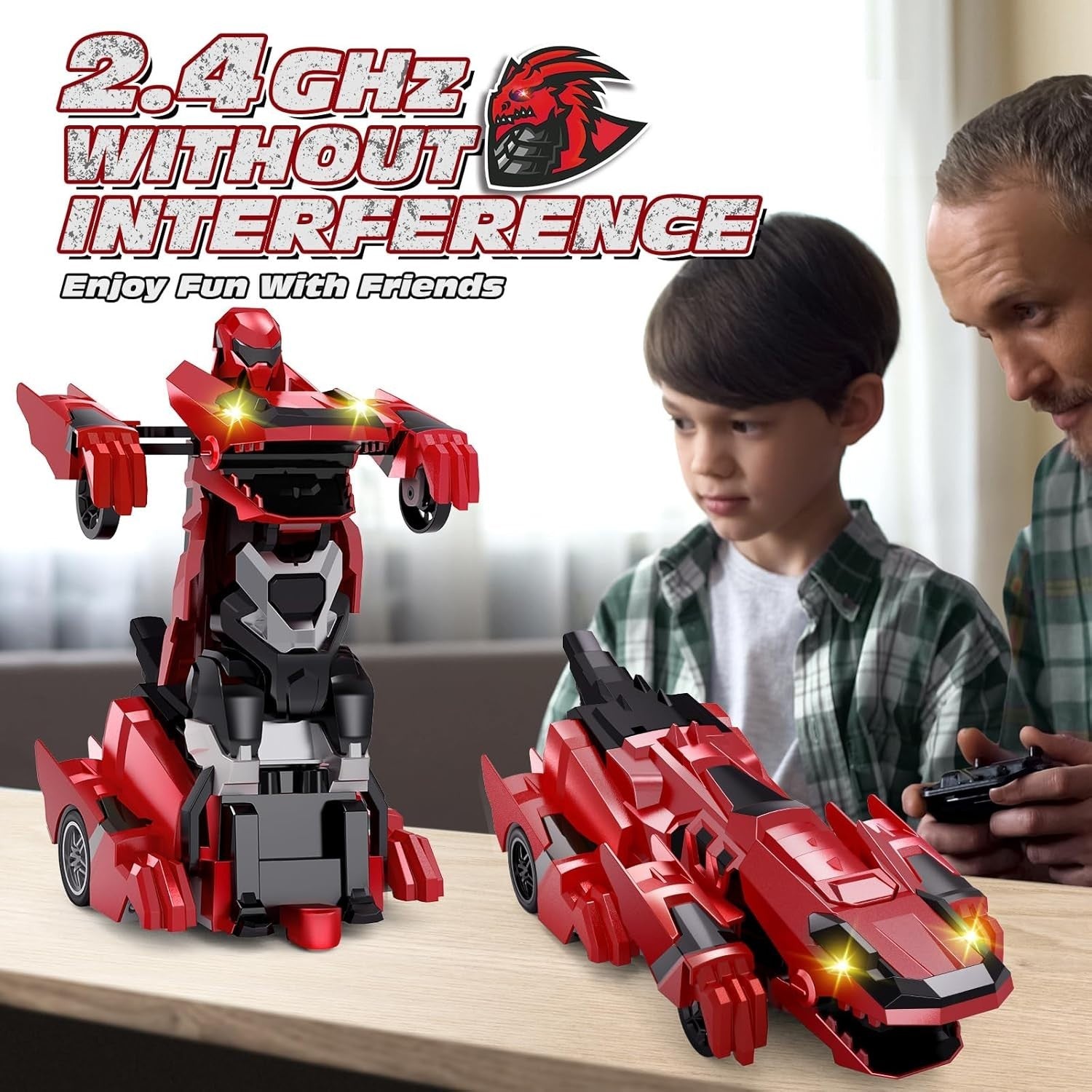 2-in-1 Dinosaur RC Car Robot Transform 360° Spin LED Remote Toy for Kids