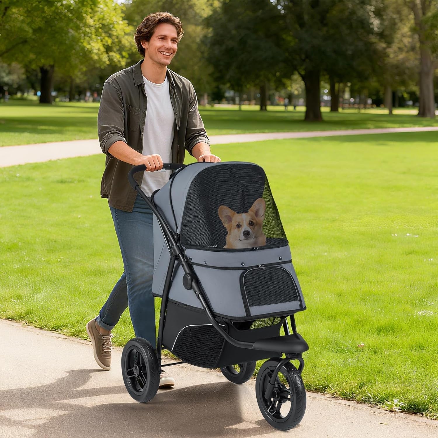 3 Wheel Pet Stroller for Small Medium Dogs Cats Foldable Travel Pushchair