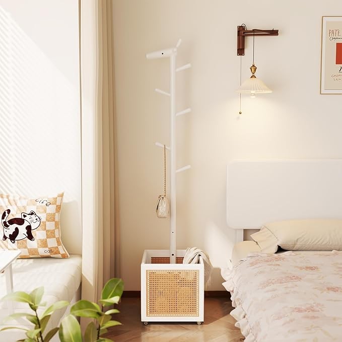 White Wooden Coat Rack Stand | 5 Hooks with Storage Basket Hall Tree