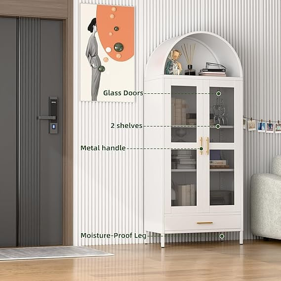 Tall Black Arched Pantry Cabinet – 4-Door Storage Unit with Glass Doors 185cm