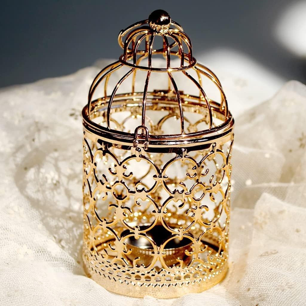 Decorative Hanging Lantern – Bird Cage Metal Candle Holder (A Rose Gold)