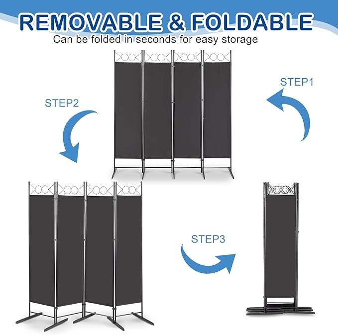 Black 4 Panel Room Divider 5.7FT Folding Privacy Screen – Portable Partition Wal