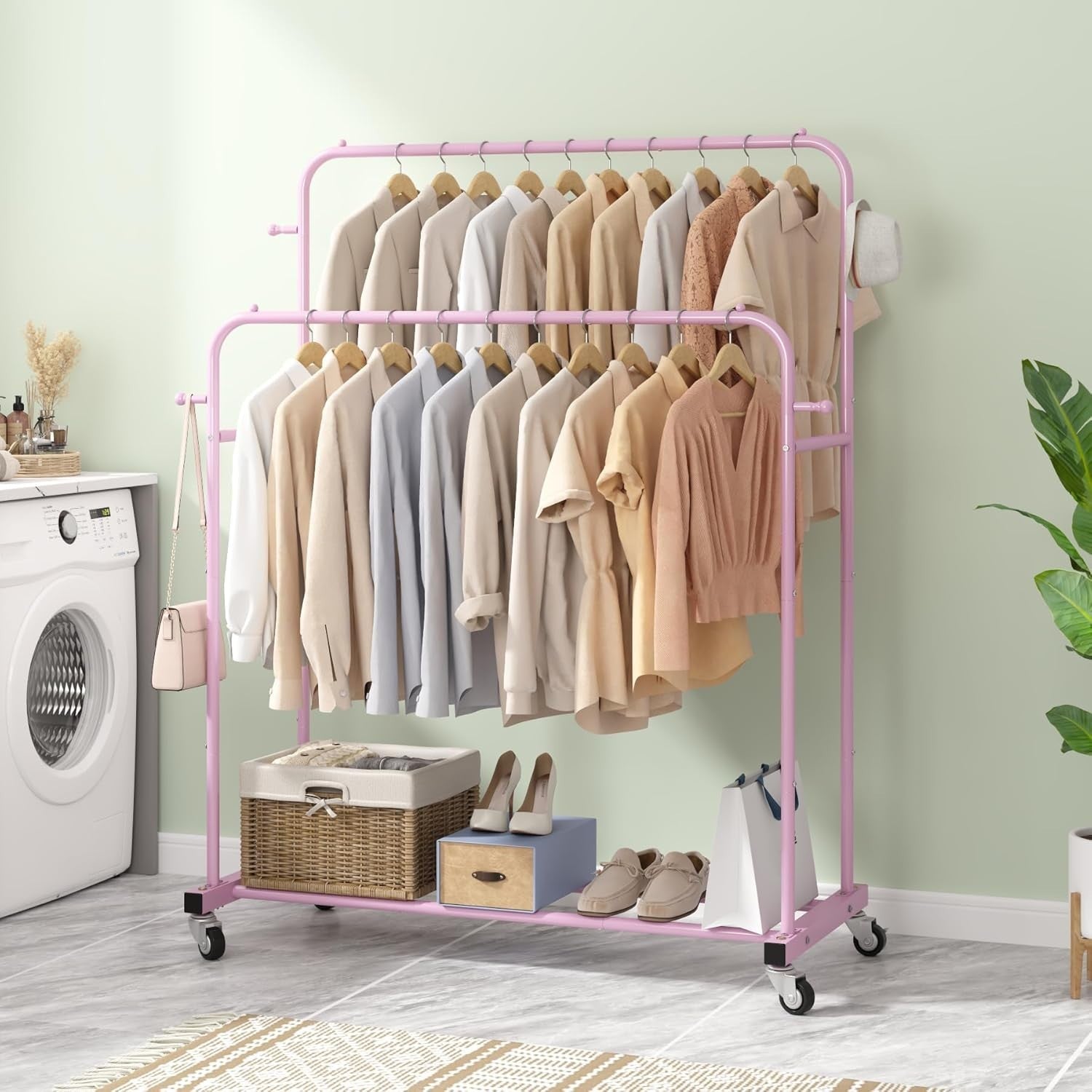 Pink Double Clothes Rail with Wheels & Hooks 169cm