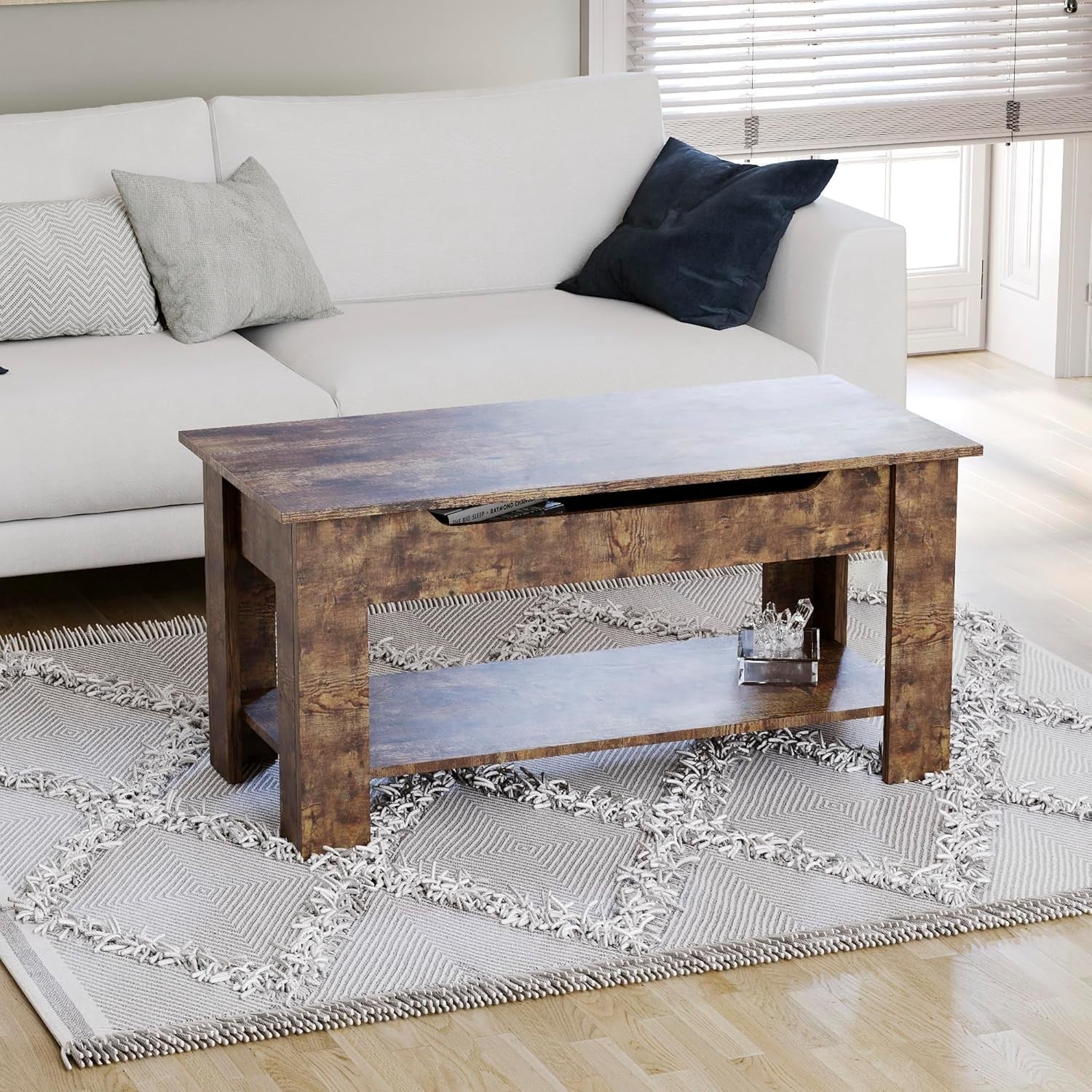 Lift Up Coffee Table with Hidden Storage & Shelf, Modern Dark Wood 100cm