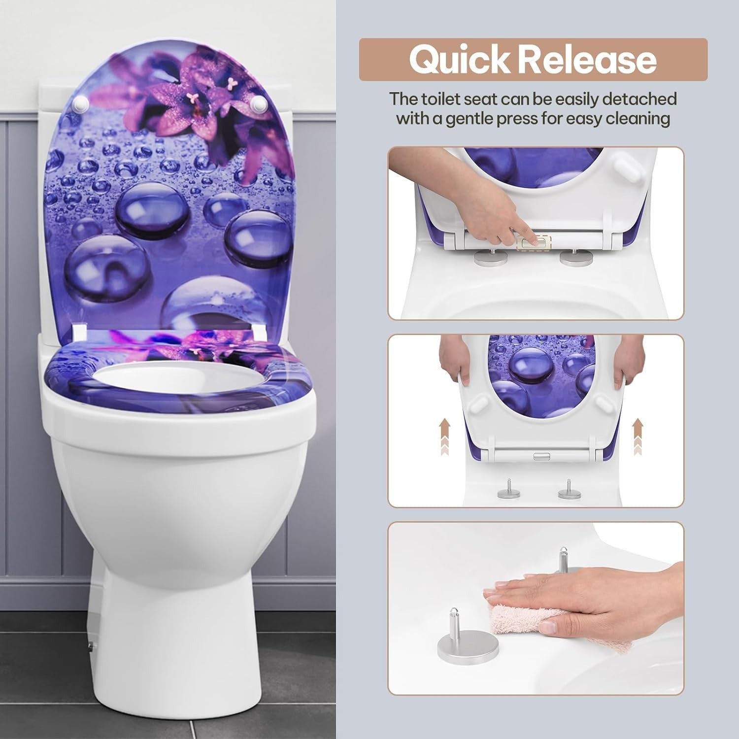 Soft Close O-Shaped Toilet Seat Quick Release Duroplast Violet Raindrops Print