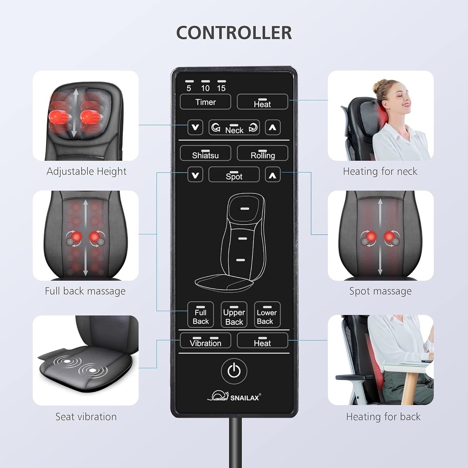 Shiatsu Neck & Back Massager with Heat Rolling Kneading Chair Pad Adjustable