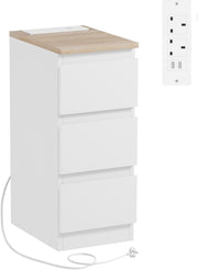 Slim Bedside Table with USB Charging Ports, 3-Drawer Narrow Nightstand White
