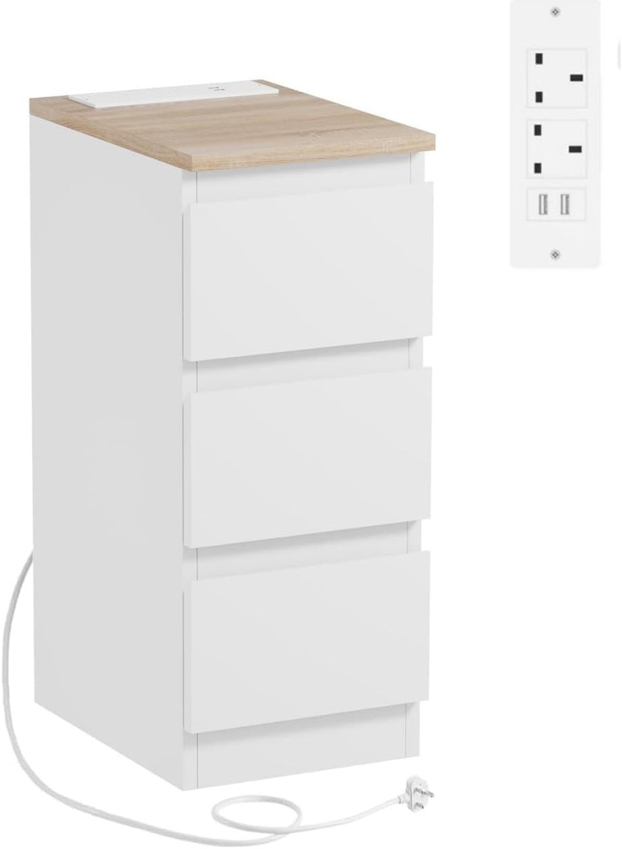 Slim Bedside Table with USB Charging Ports, 3-Drawer Narrow Nightstand White