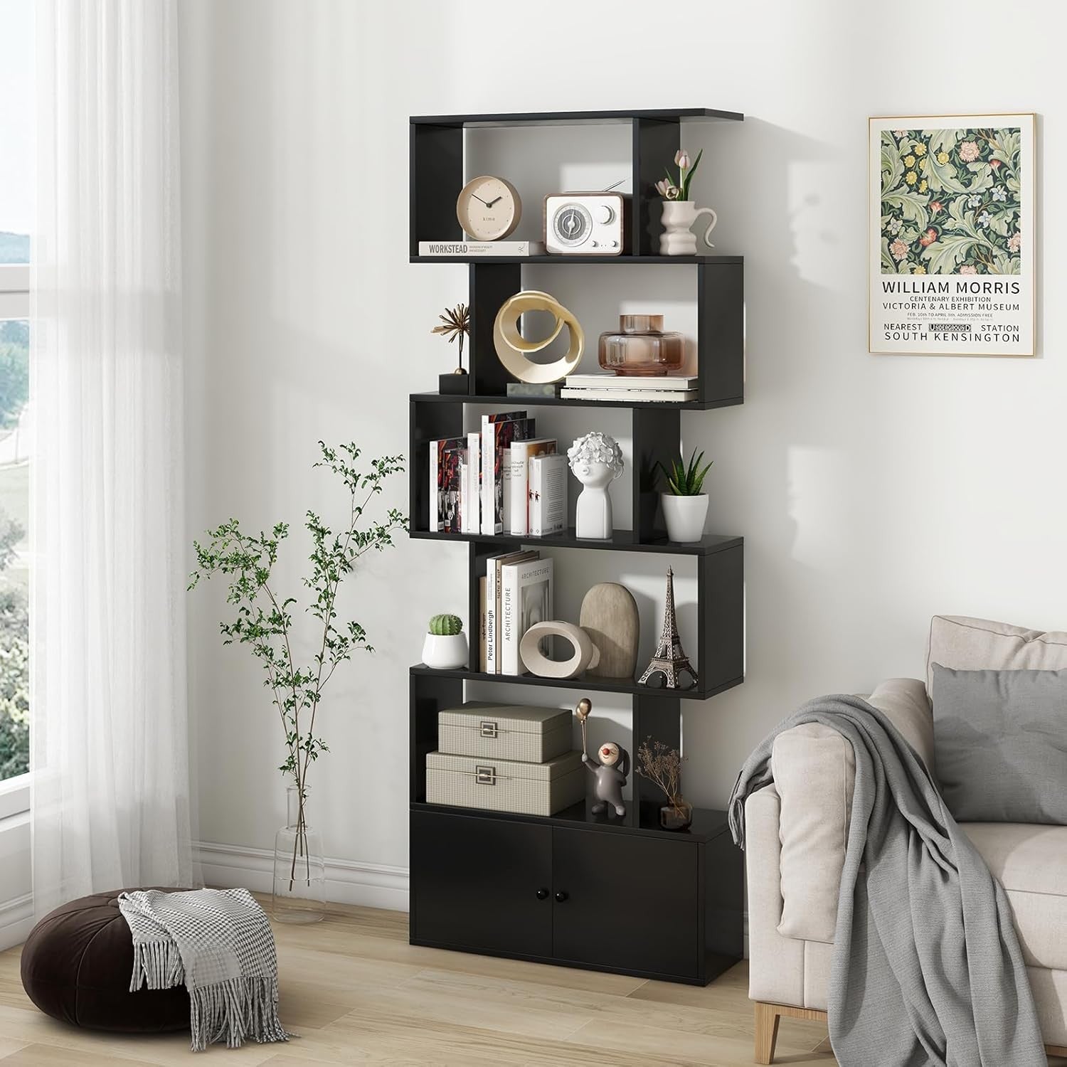 Black S-Shaped 6 Tier Bookcase Tall Freestanding Storage Shelf with Cabinet