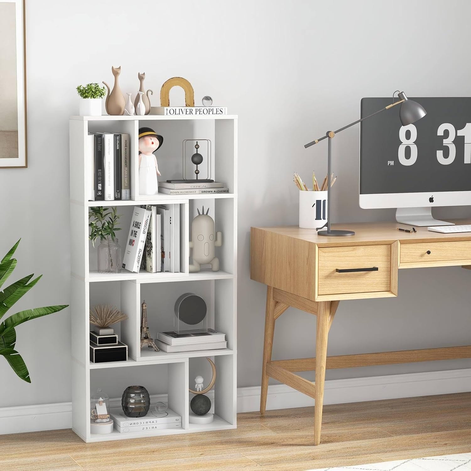 5-Tier White Geometric Bookcase Tall 8-Cube Modern Storage Shelf for Home Office