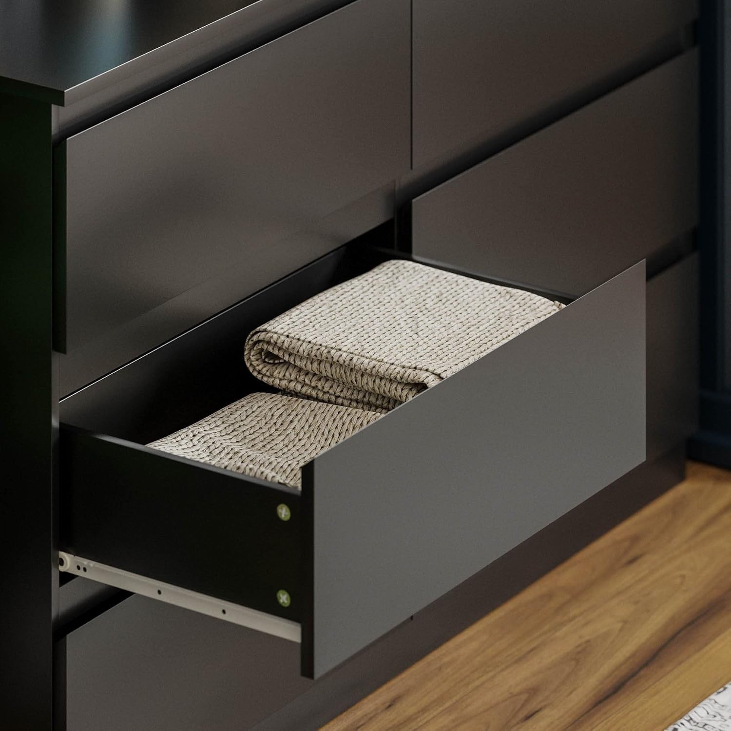 Modern 6 Drawer Chest Black Wood Storage Unit Bedroom Living Room