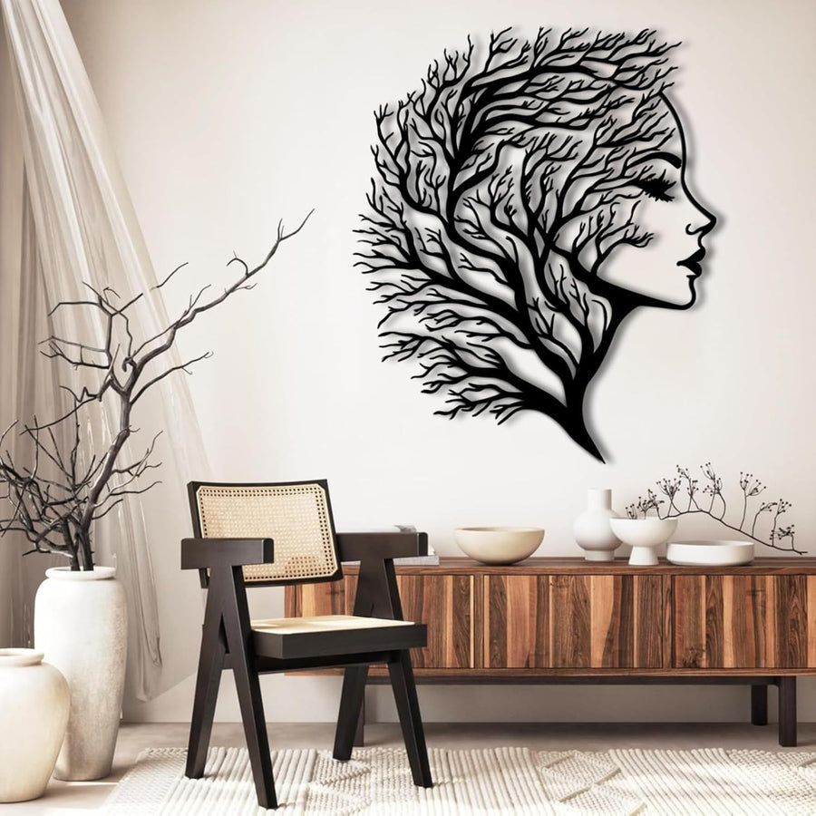 Metal Tree Wall Art with Woman Face 70x58cm Modern Decor