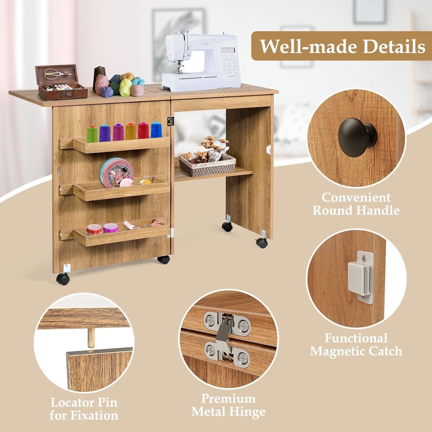 Folding Sewing Table 117cm Mobile Craft Desk with Shelves & Wheels Natural
