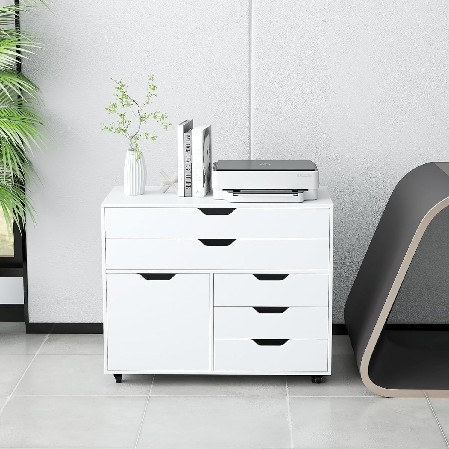White Mobile File Cabinet 5 Drawer Side Cupboard Rolling Printer Stand