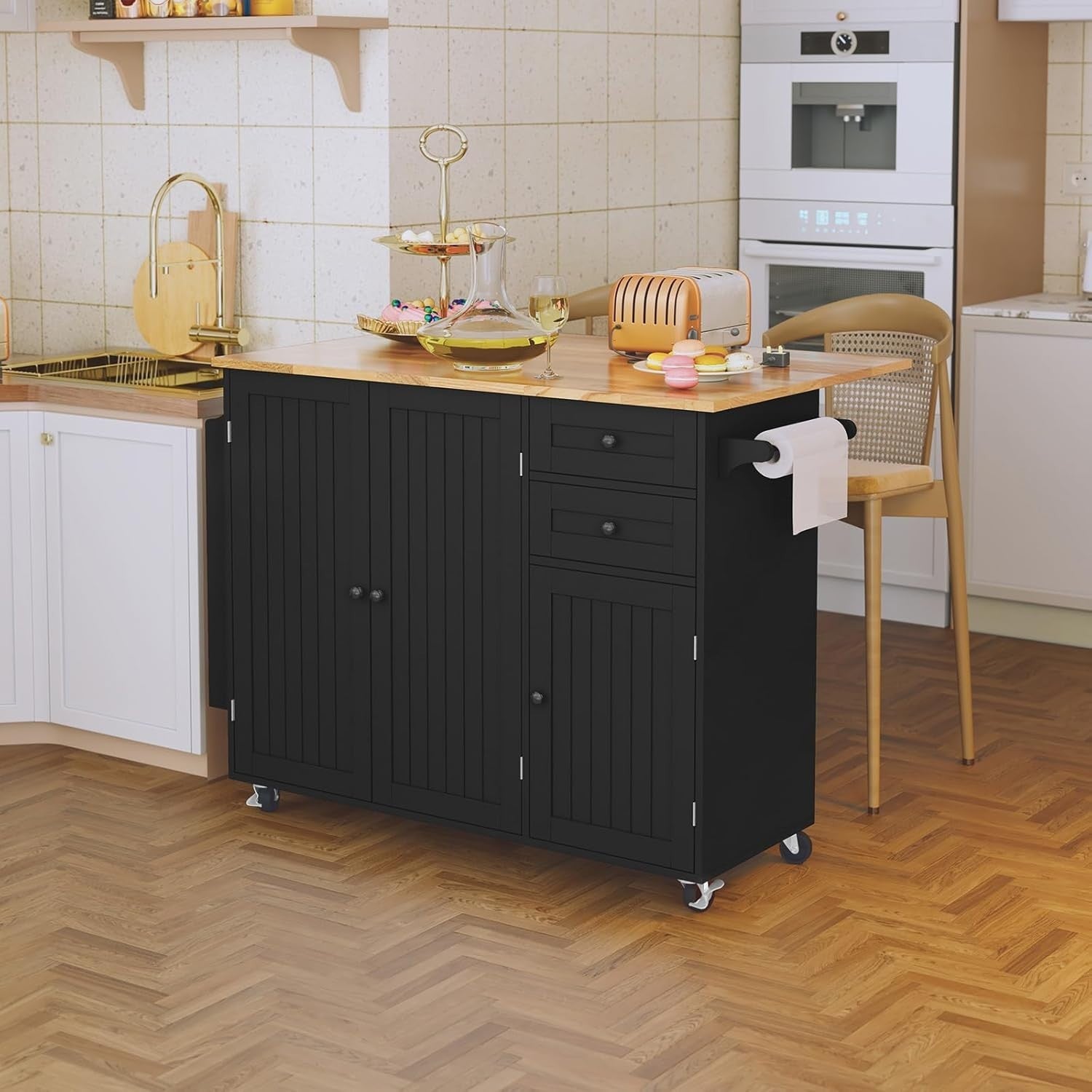 Kitchen Island on Wheels with Extendable Rubberwood Top, Storage & Drawers