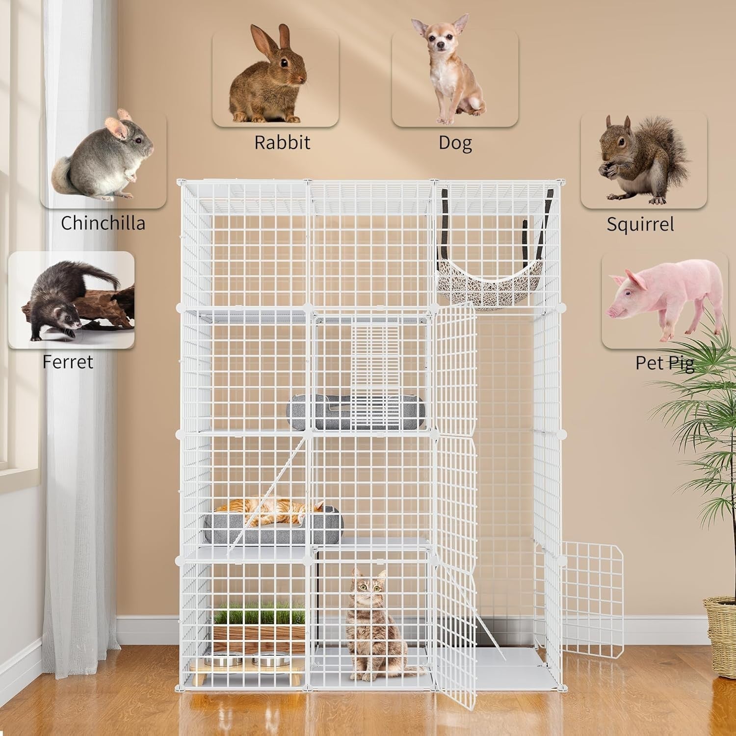 4-Tier Large Indoor Cat Cage Playpen with Hammock, 4 Doors & Ladders, 107x72x142