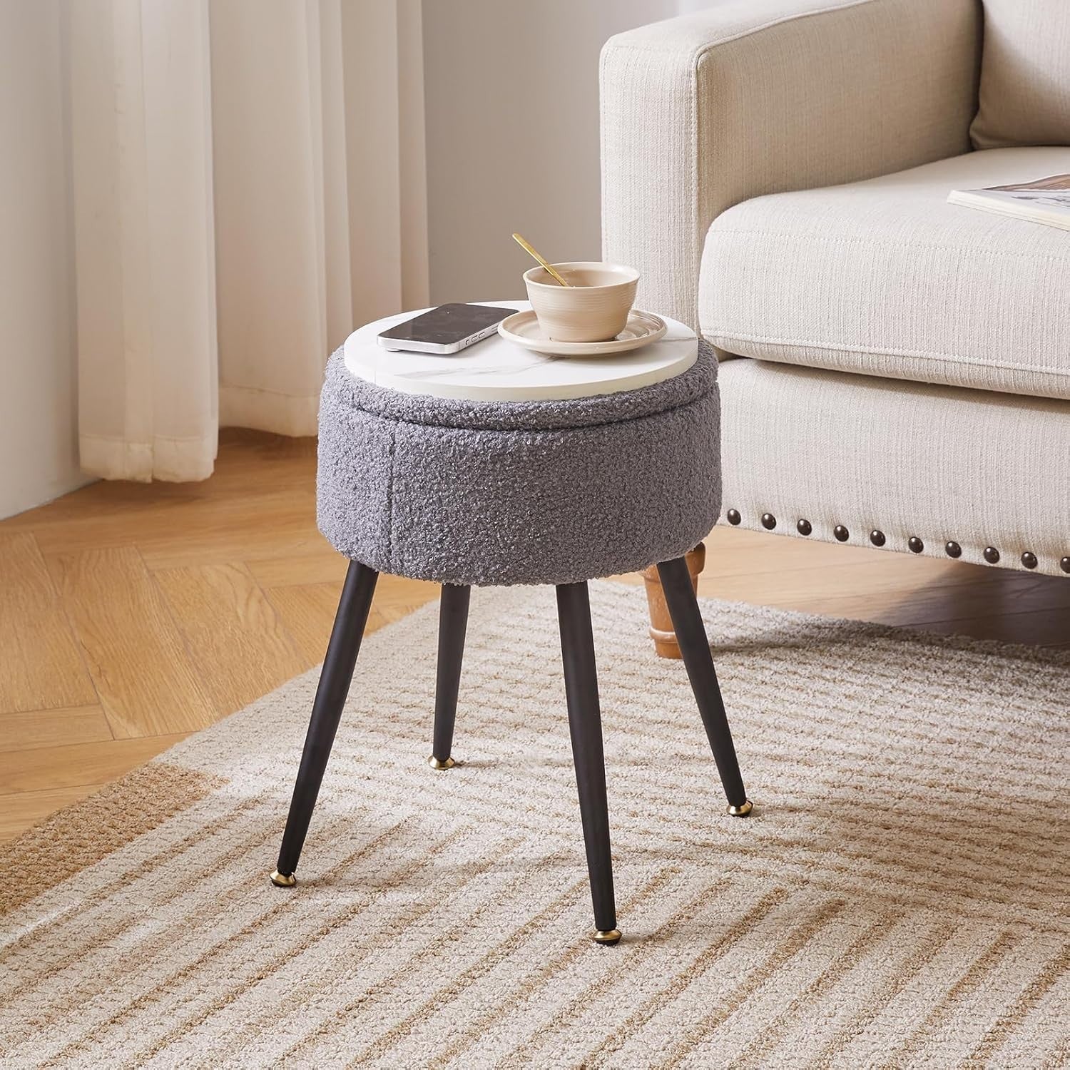 Grey Teddy Fur Vanity Stool with Storage – Round Ottoman Chair with Metal Legs