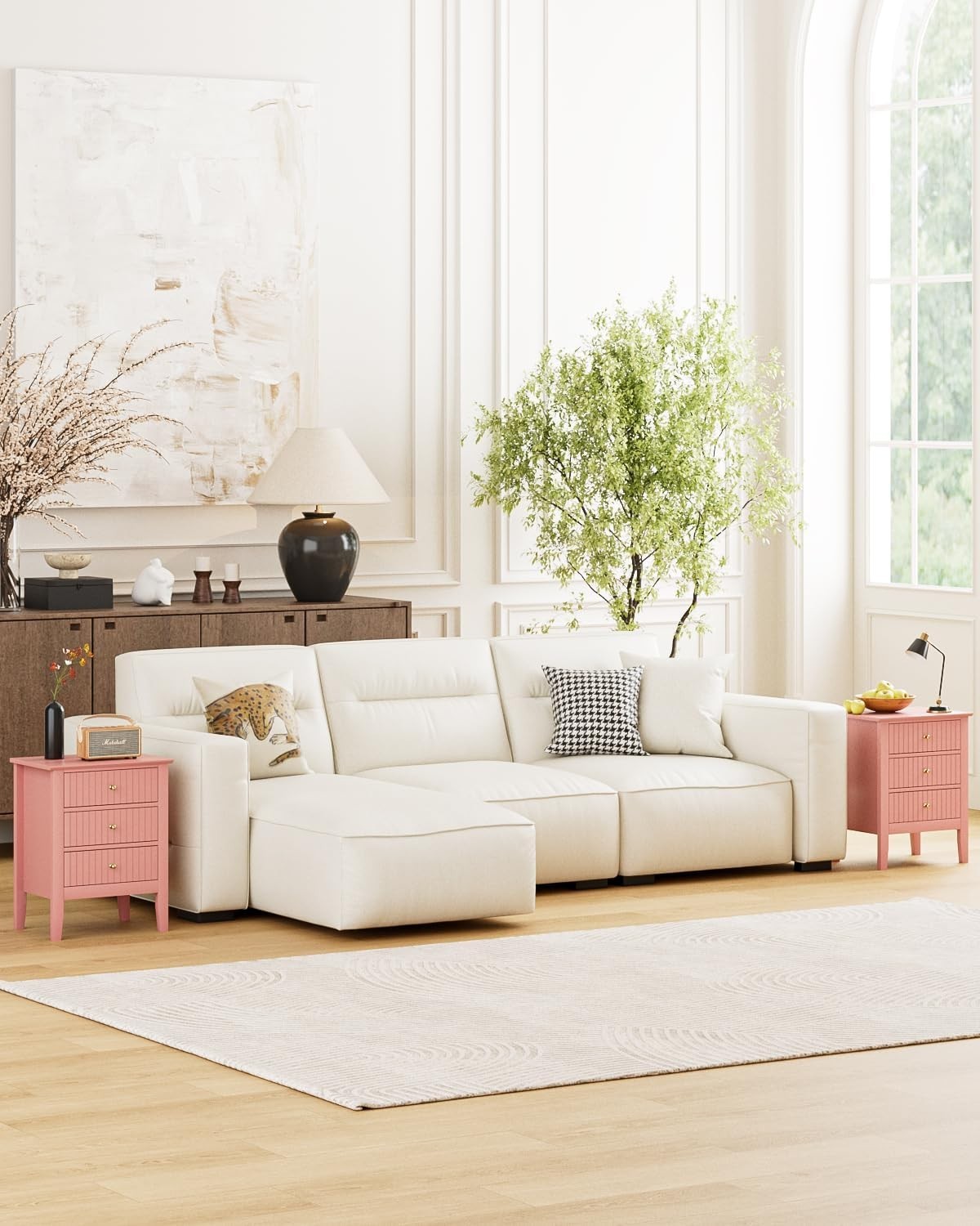 Modern Pink Bedside Table with 3 Drawers Wooden Nightstand Bedroom Storage