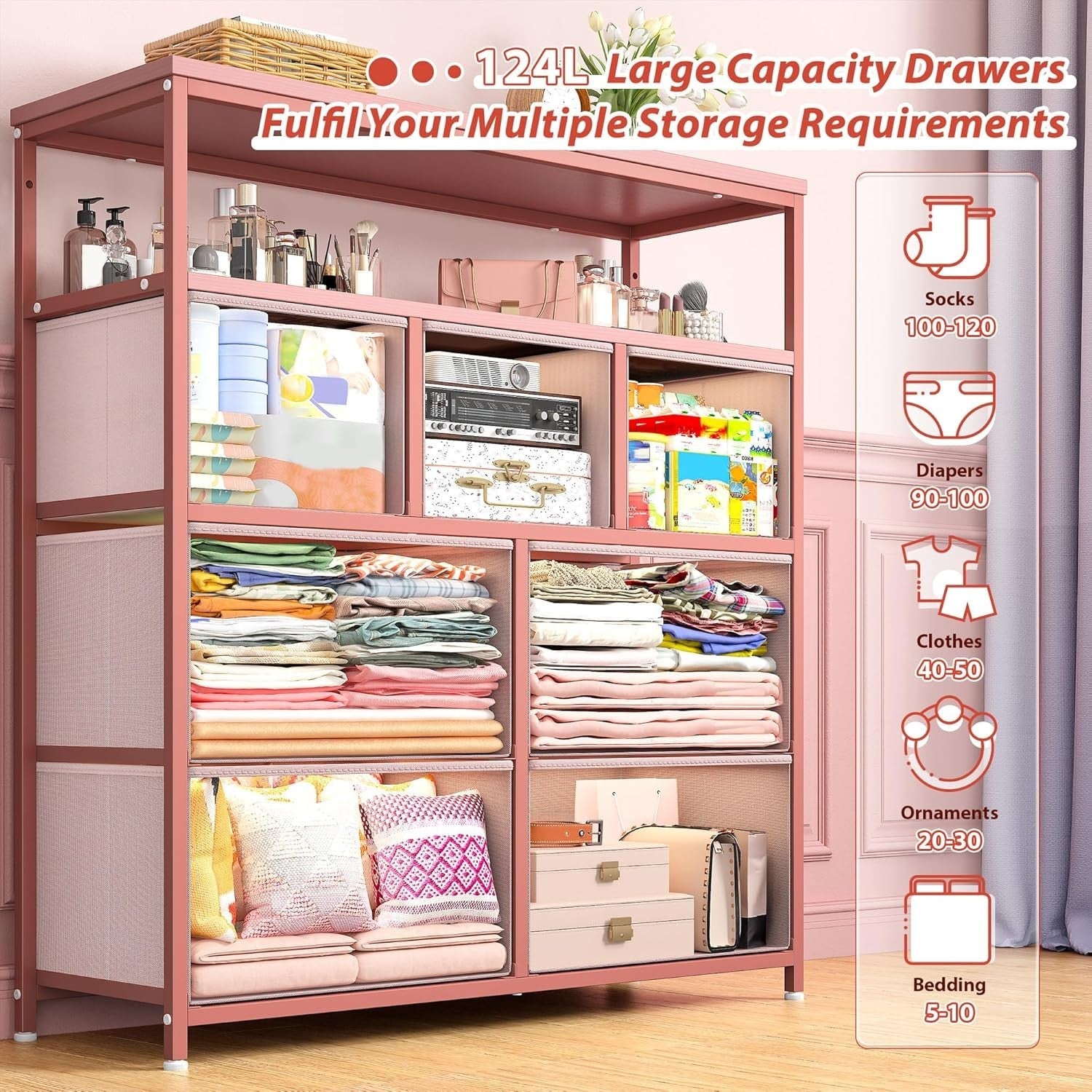 Tall Pink Chest of Drawers Fabric Storage Unit 7 Drawer Bedroom Organiser
