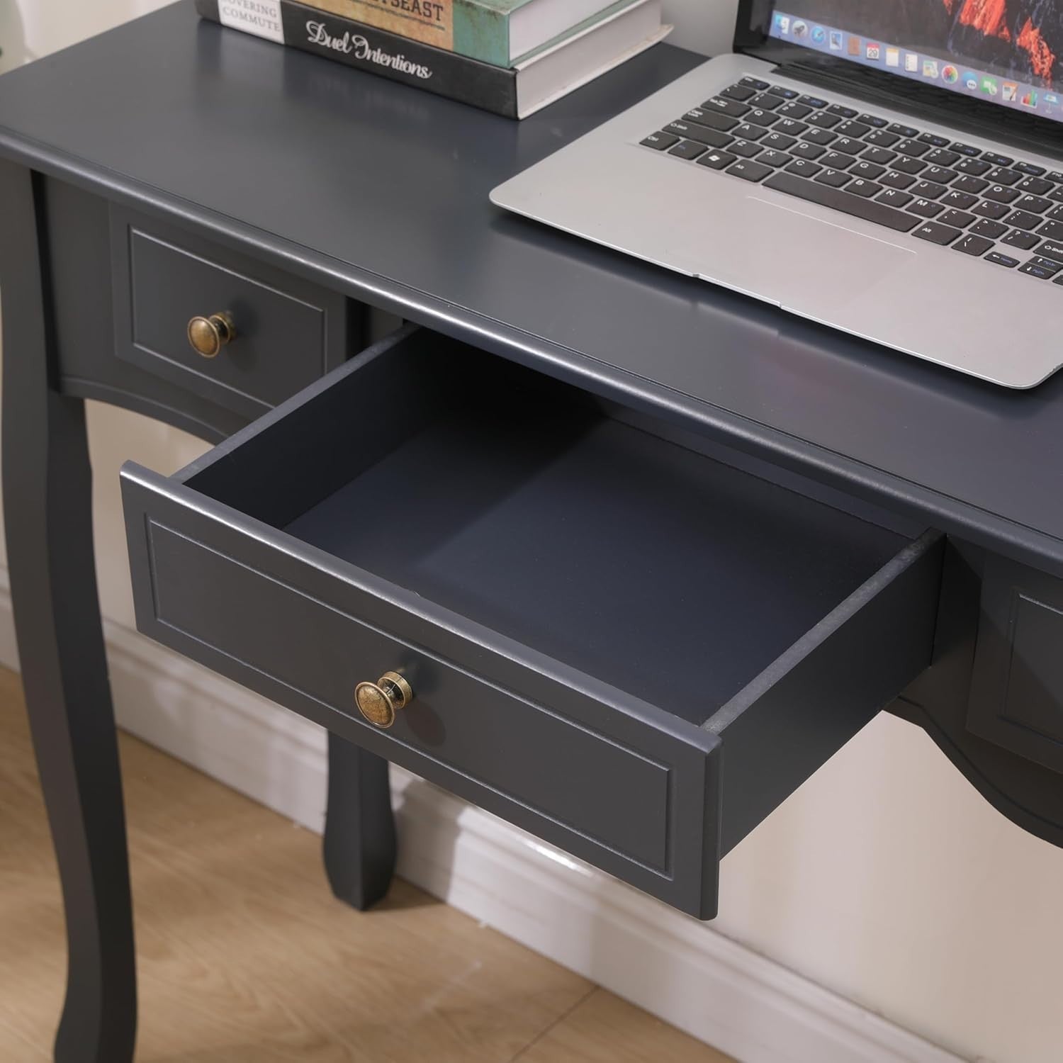 Console Table with 3 Drawers Dark Grey Solid Wood Legs Hallway Living Room