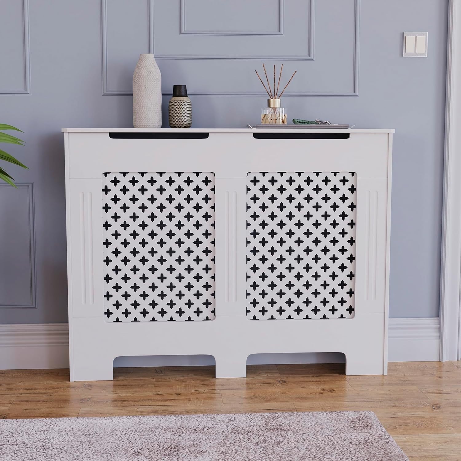 Medium White Radiator Cover | Traditional Cross Pattern MDF Cabinet