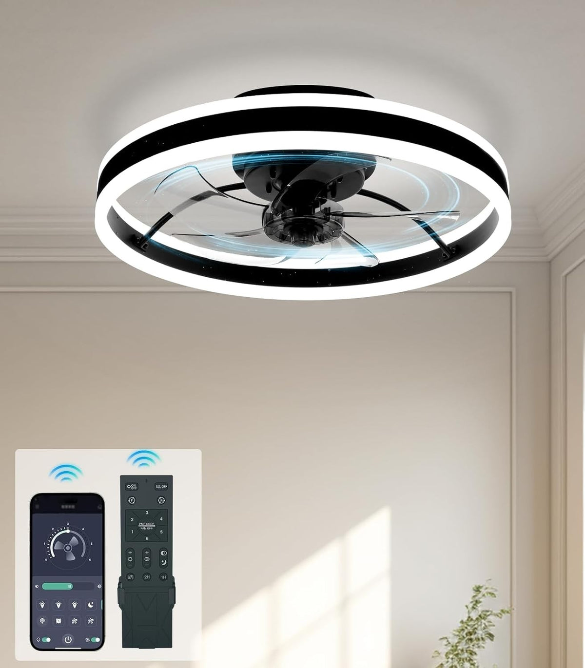 50cm Smart Ceiling Fan Light, 6 Speeds, Dimmable, Reversible LED, Quiet Black