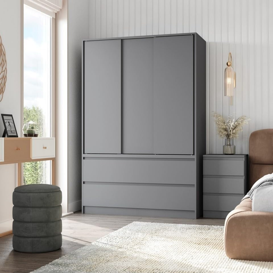 Grey Sliding Door Wardrobe with 4 Drawers & Hanging Rail – Space Saving