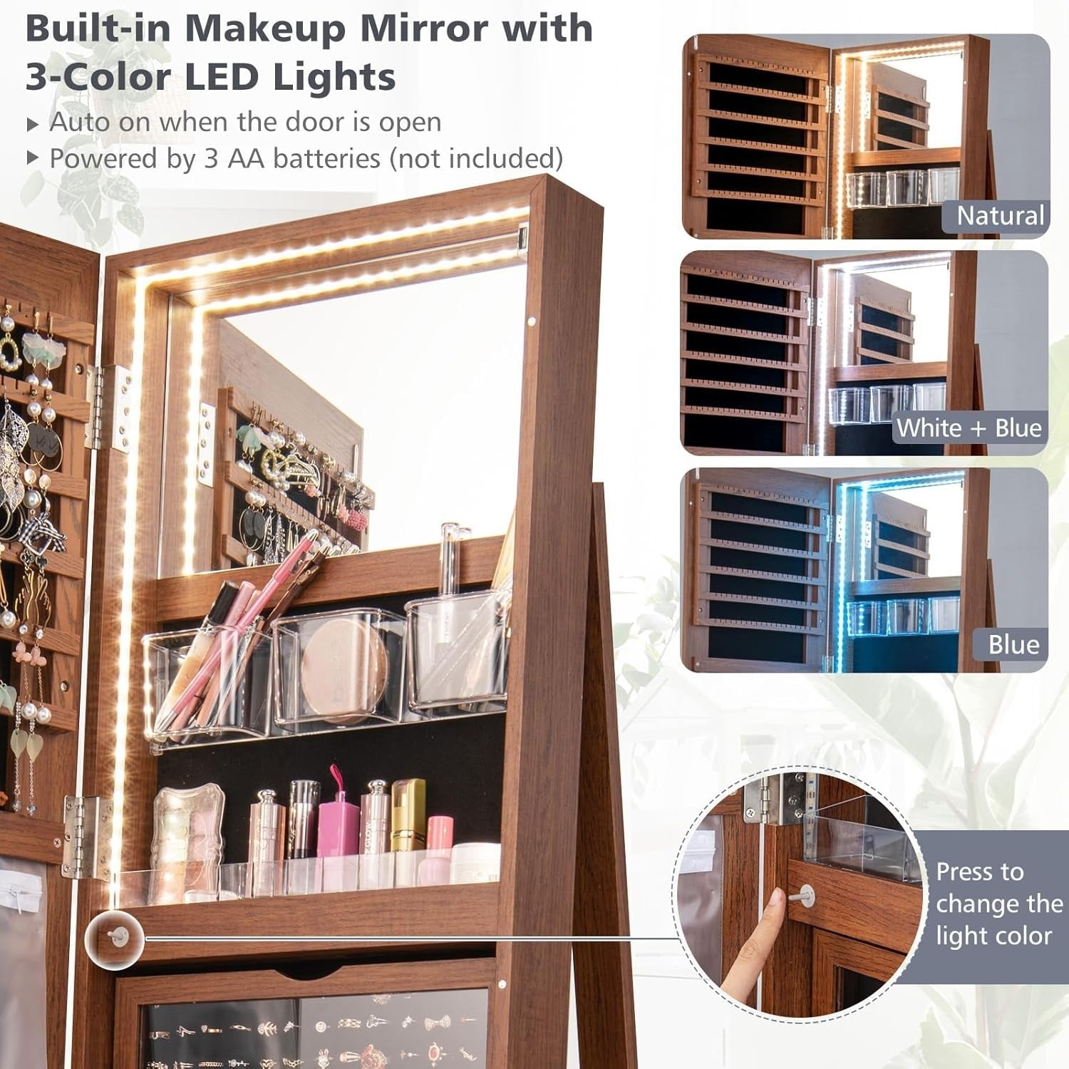Brown 360° Swivel Jewelry Armoire LED Light Mirror Lockable Cabinet