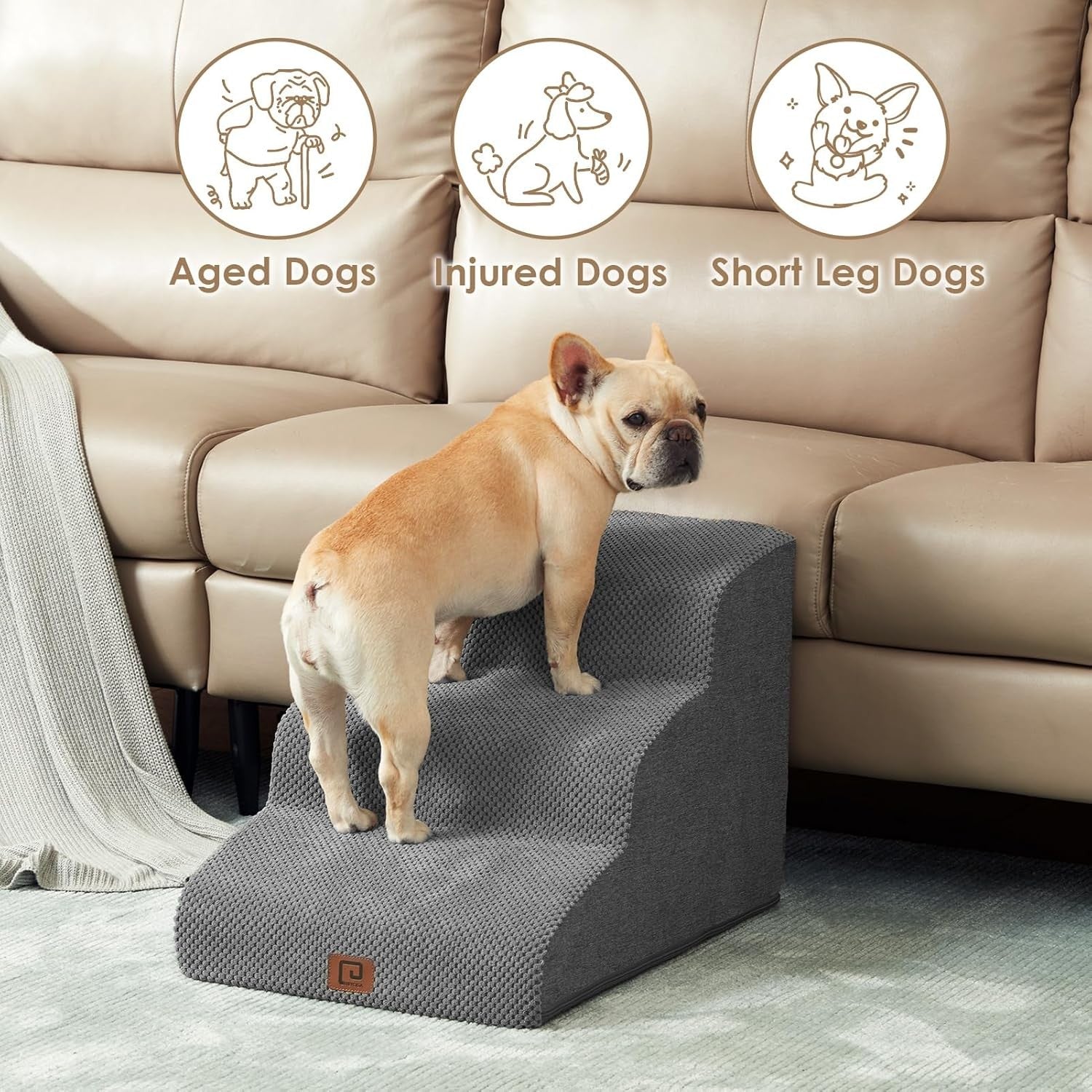 3 Step Dog Stairs for Bed Sofa Non Slip Foam Pet Steps Washable Grey