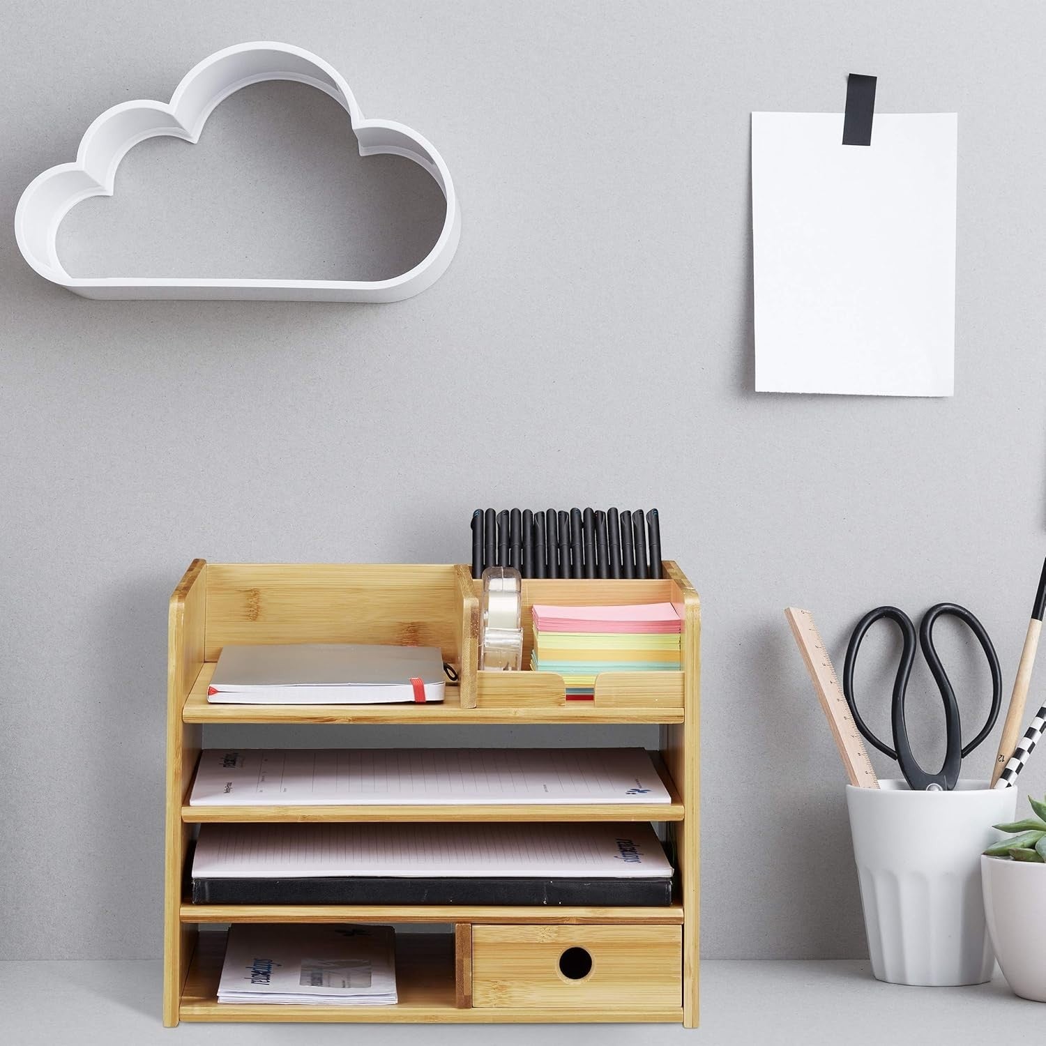Bamboo Desk Organiser with Drawer & A4 Letter Tray, 7 Compartments