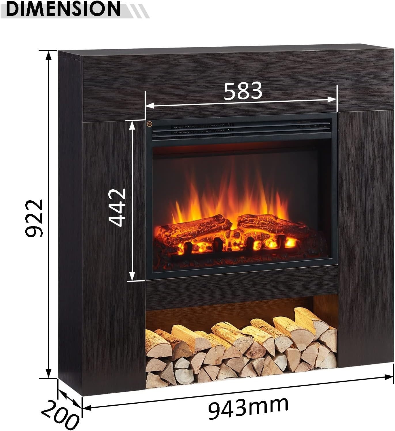 Electric Fireplace Heater 2000W with Realistic Flame Effect & Remote Control