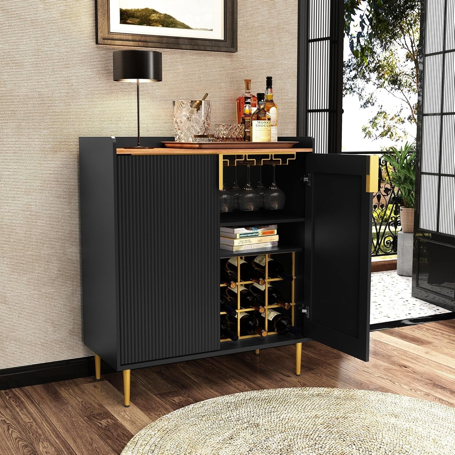 Modern Drinks Cabinet with Wine Rack & Glass Holders – 9 Bottle Sideboard