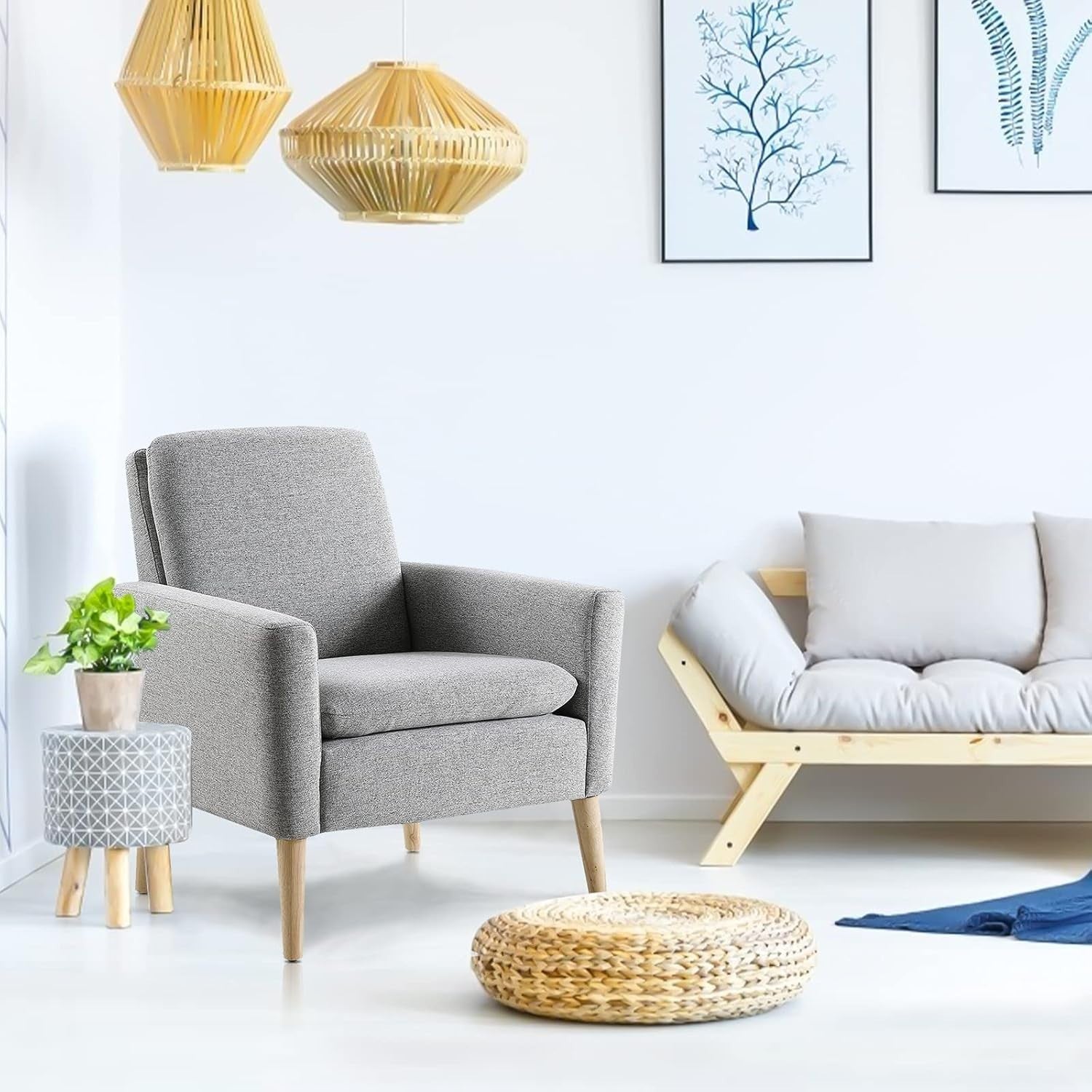 Grey Linen Accent Armchair Comfy Lounge Chair for Bedroom Office Home
