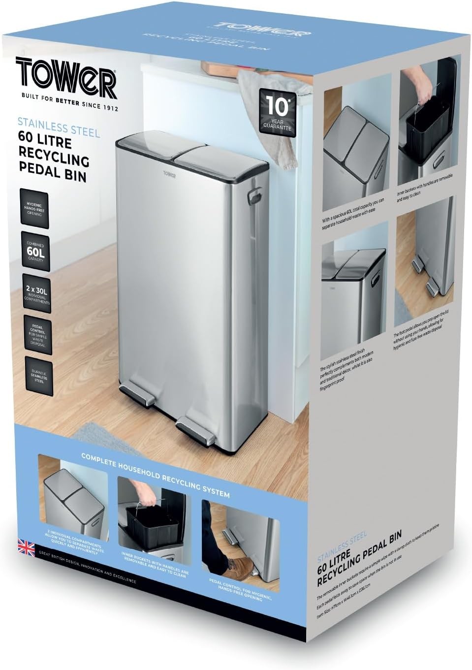 60L Recycling Pedal Bin 2x30L Dual Compartment Silver