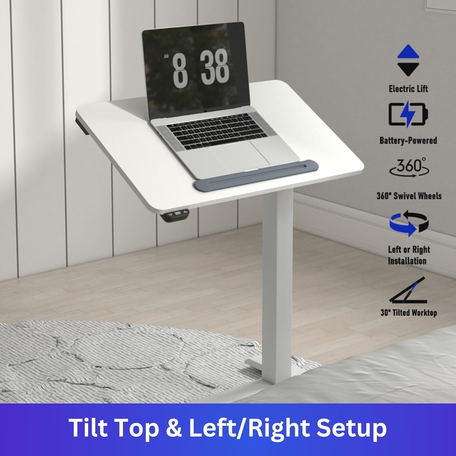 Electric Standing Desk on Wheels Height Adjust Overbed Laptop Table White