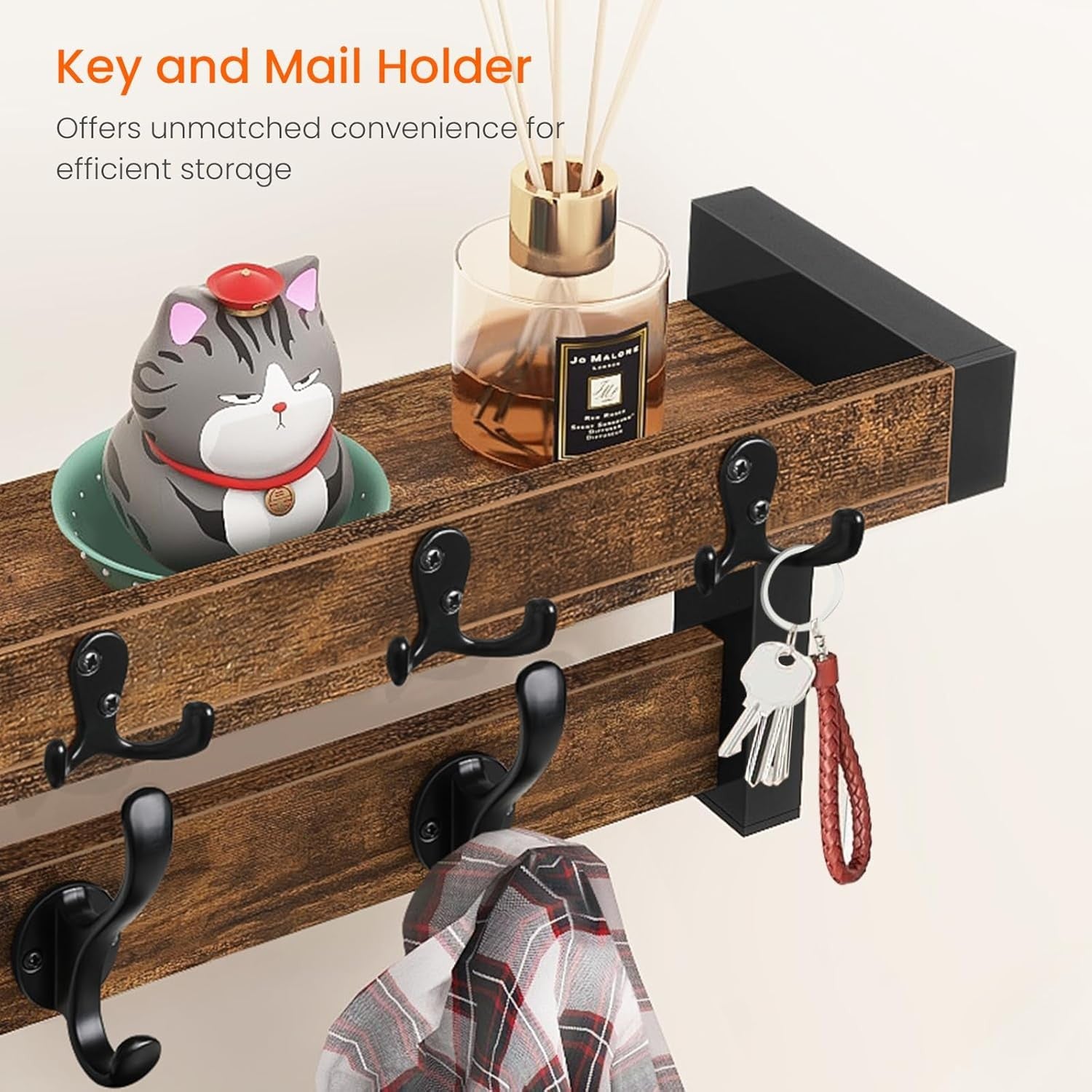 Rustic Wall Coat Rack 29" Wood Shelf with Hooks & Key Holder Entryway Organizer