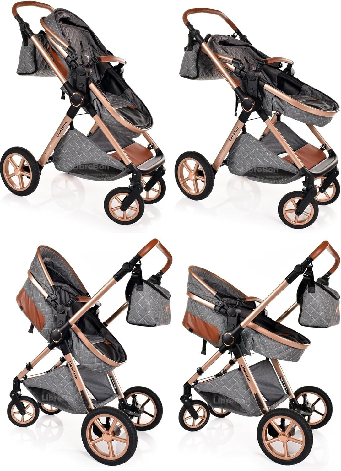 Luxury 3in1 Baby Pram Pushchair Car Seat Foldable Rose Gold Grey